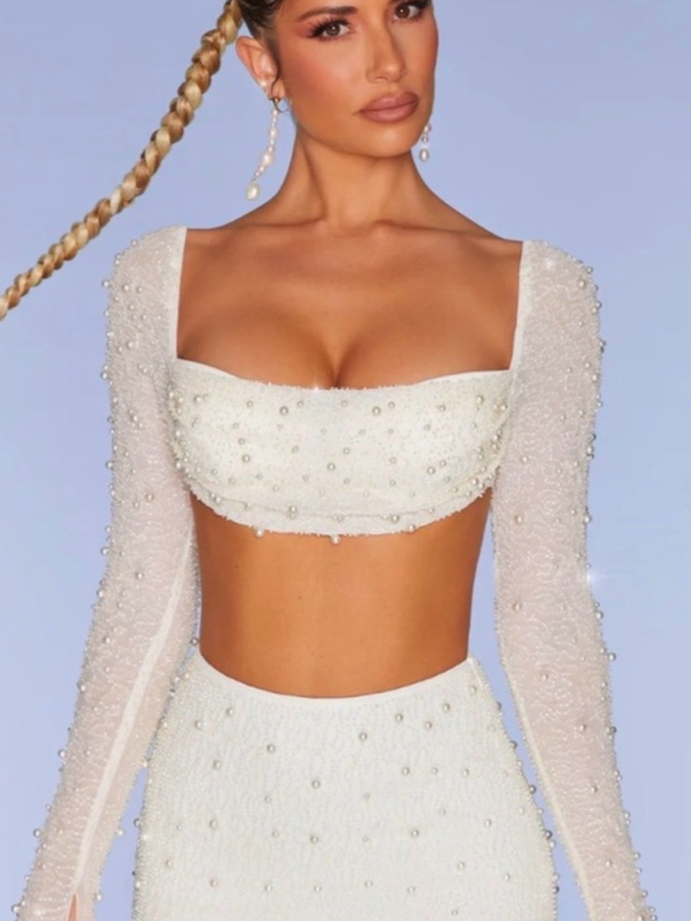 Oh Polly White Beaded Crop Top and Skirt Set